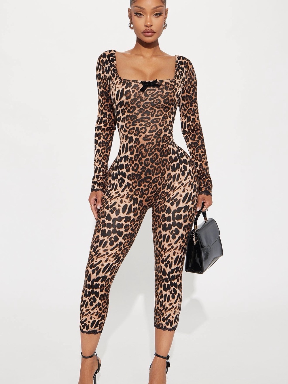 Fashion Nova Animal Print Long-Sleeve Square Neck Jumpsuit - Brown/Black